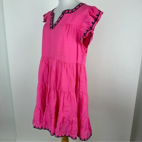 Navy Bleu Eloise Pink Embroidered Linen Flutter Sleeve Dress Size Large - Picture 8 of 14